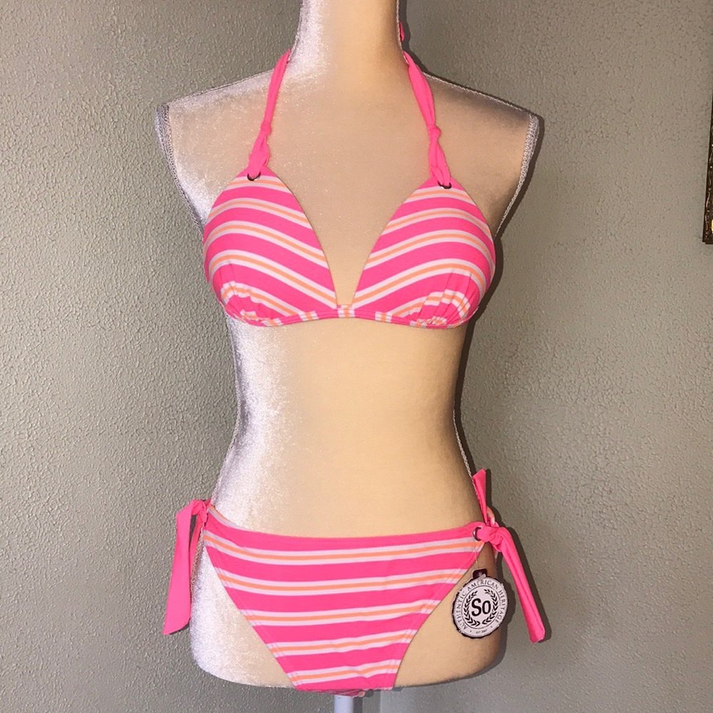 SO Pink Orange Striped Bikini Swimsuit Medium